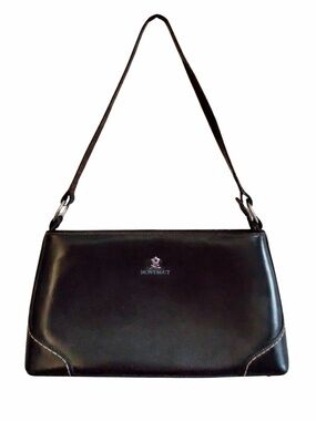 Vintage 90s Montagut Paris Black Leather Shoulder Bag Silver Flower Emblem – EUC